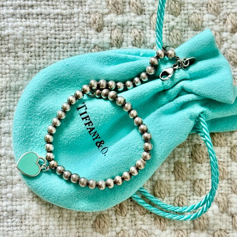 Tiffany & Co. Silver Bead Bracelet with Teal Heart Charm